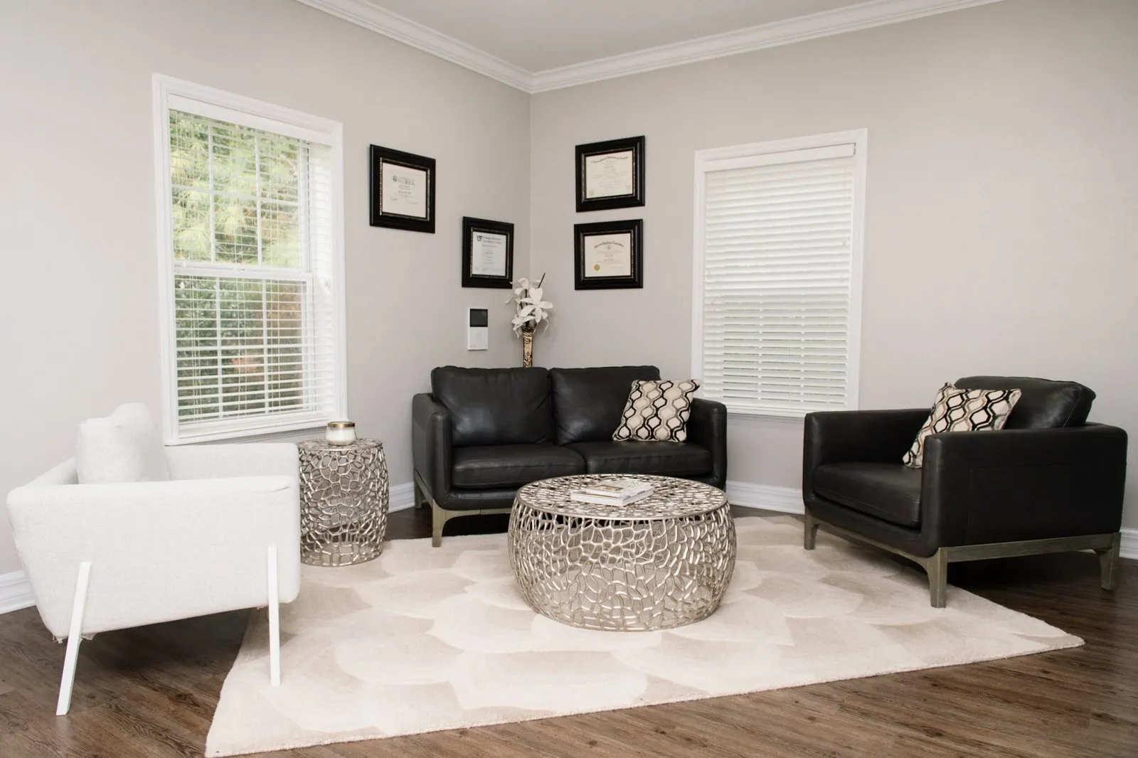The consultation room: a pale armchair and two dark leather chairs around a low table, with framed diplomas and certificates on the wall.
